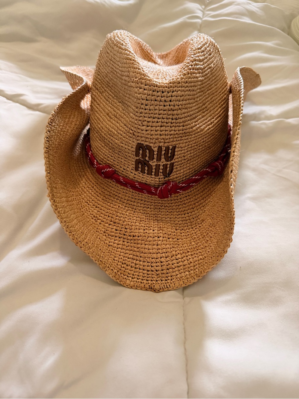 Miu Miu Natural Straw Kids Cowboy Hat with Red Band